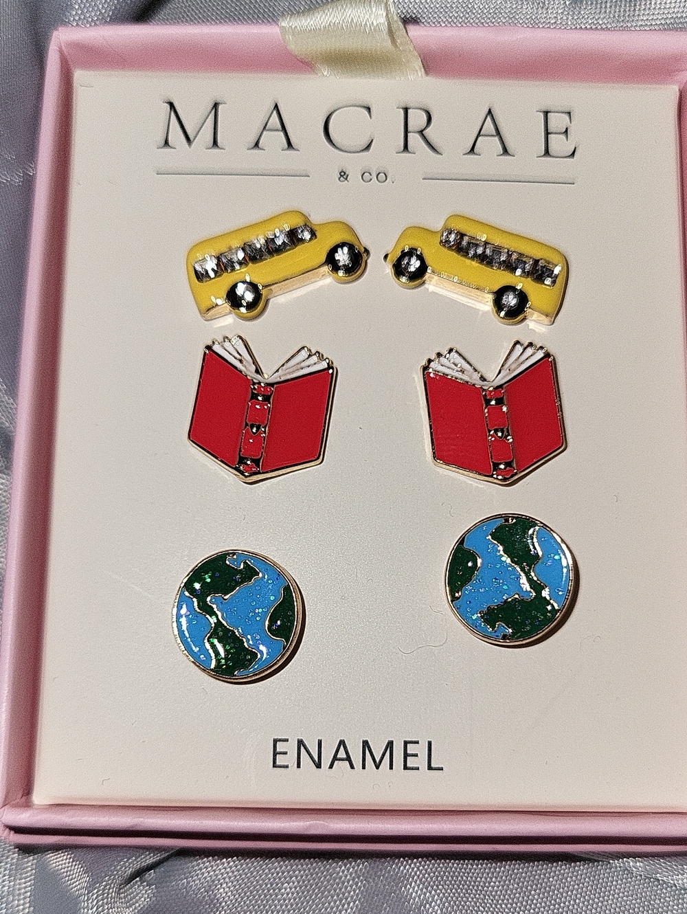 MacRae School Themed Enamel Earring Set - Yellow Bus, Red Book, Blue/Green Earth